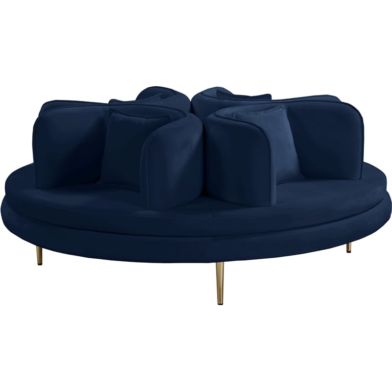 Pemberly Row Navy Velvet Roundabout Sofa with Gold Iron Legs