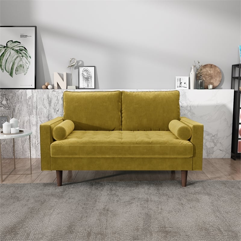 Pemberly Row Modern Velvet Genoa Living Room Loveseat In Goldenrod