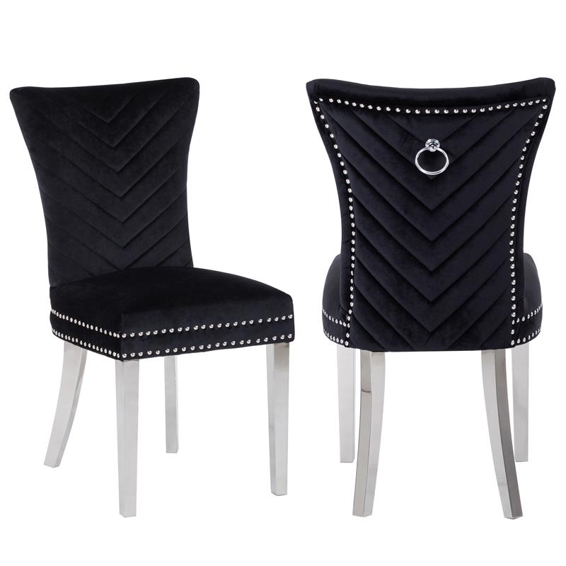 Pemberly Row 2Pc Stainless Steel Legs Chair Finish with Velvet Fabric in Black