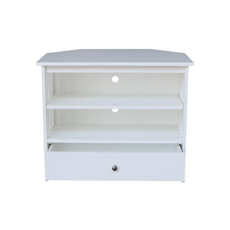 Pemberly Row Solid Wood TV Stand with Shelves and Drawer in White - 28.9