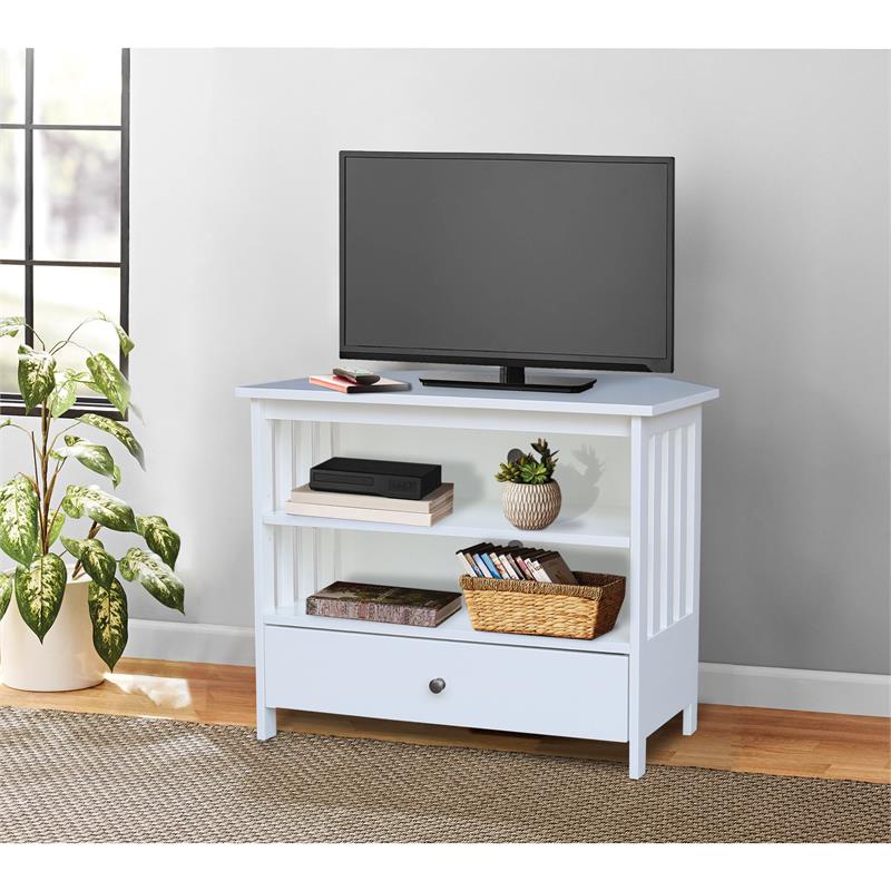 Pemberly Row Solid Wood TV Stand with Shelves and Drawer in White - 28.9