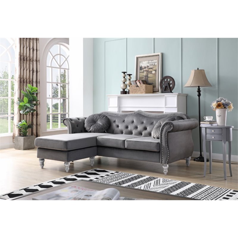 Pemberly Row Contemporary Velvet Sofa Chaise in Dark Gray Finish