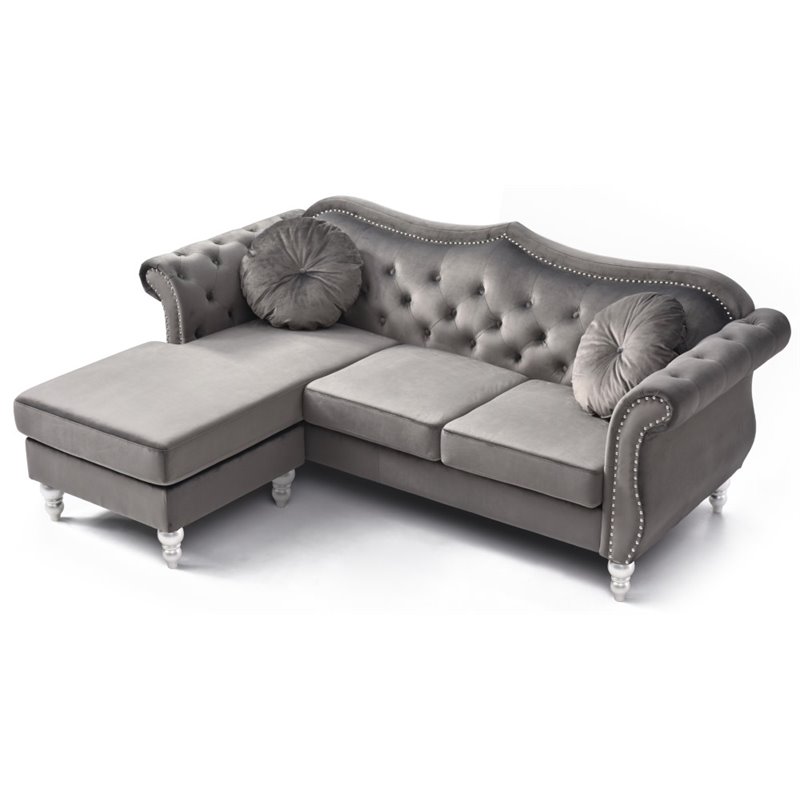 Pemberly Row Contemporary Velvet Sofa Chaise in Dark Gray Finish