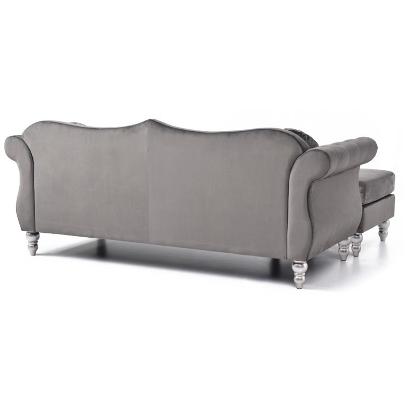 Pemberly Row Contemporary Velvet Sofa Chaise in Dark Gray Finish