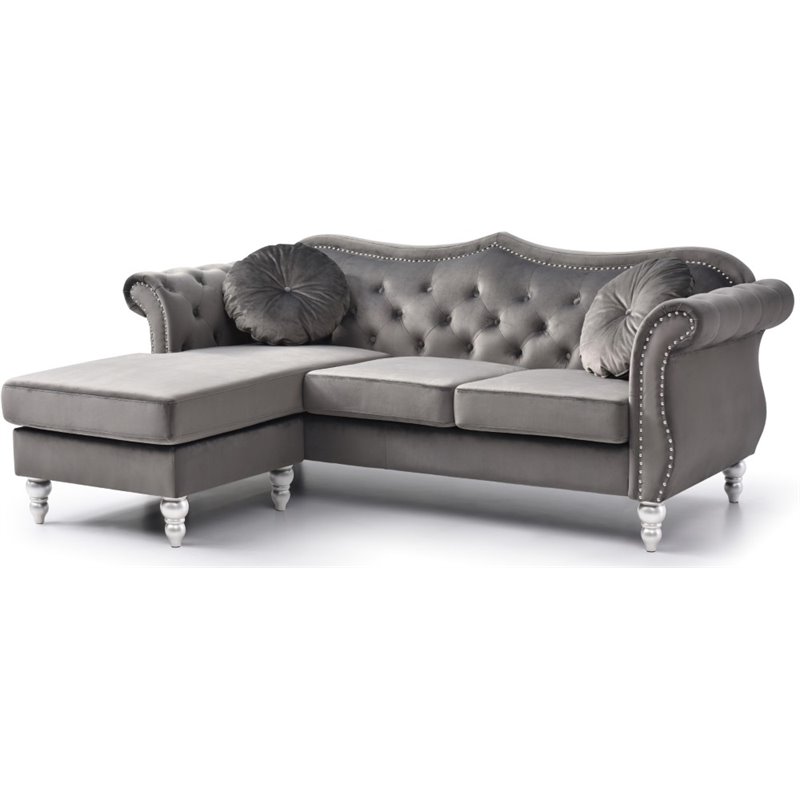 Pemberly Row Contemporary Velvet Sofa Chaise in Dark Gray Finish