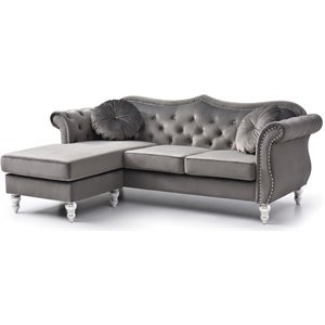 Pemberly Row Contemporary Velvet Sofa Chaise in Dark Gray Finish