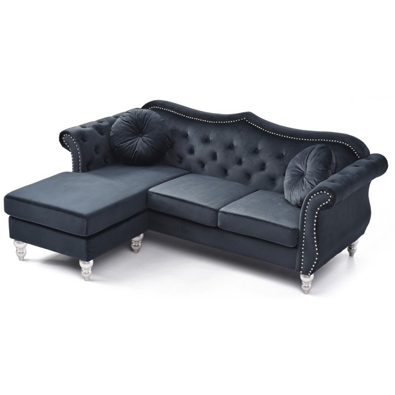 Pemberly Row Contemporary Velvet Sofa Chaise in Black Finish