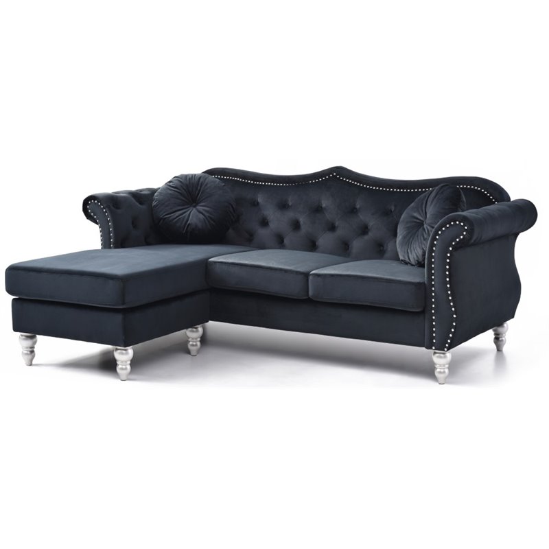 Pemberly Row Contemporary Velvet Sofa Chaise in Black Finish
