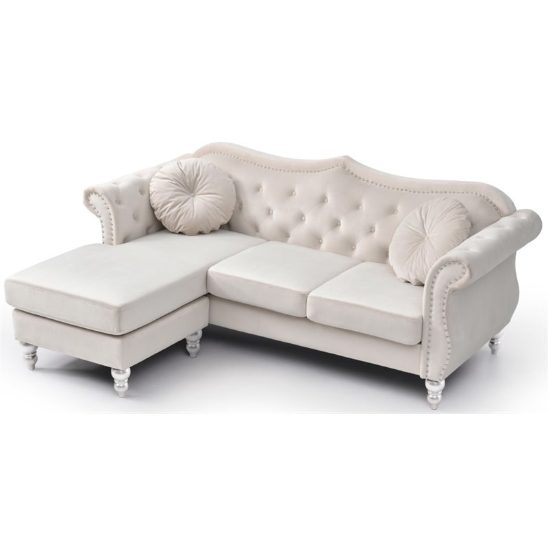 Pemberly Row Contemporary Velvet Sofa Chaise in Ivory Finish