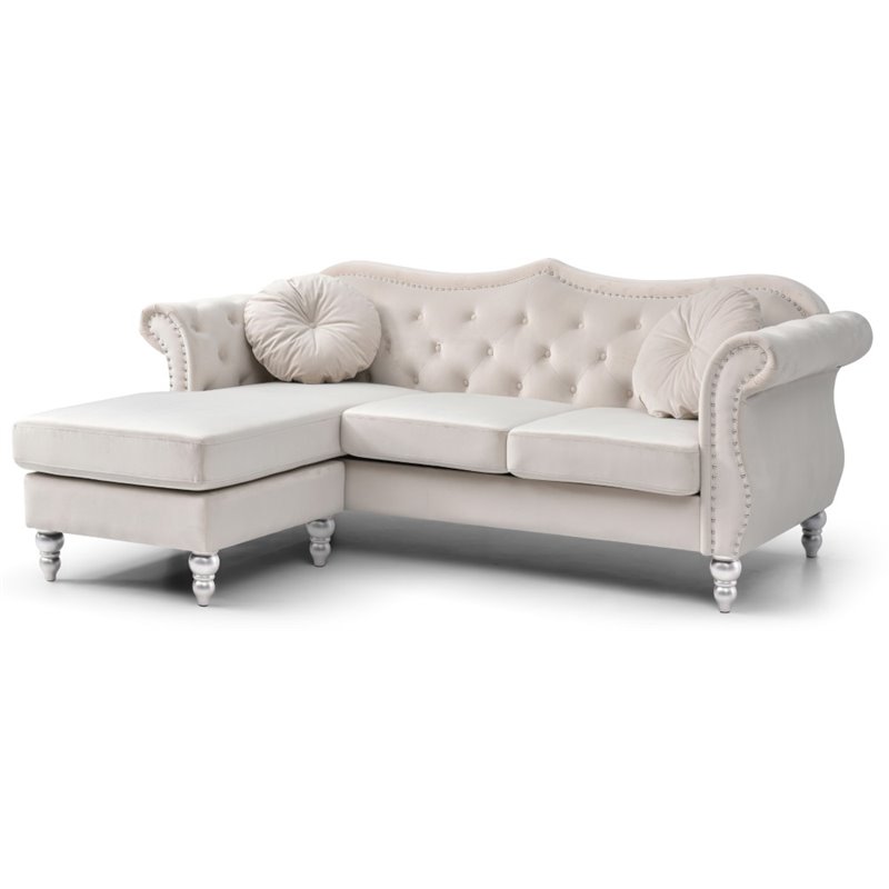 Pemberly Row Contemporary Velvet Sofa Chaise in Ivory Finish