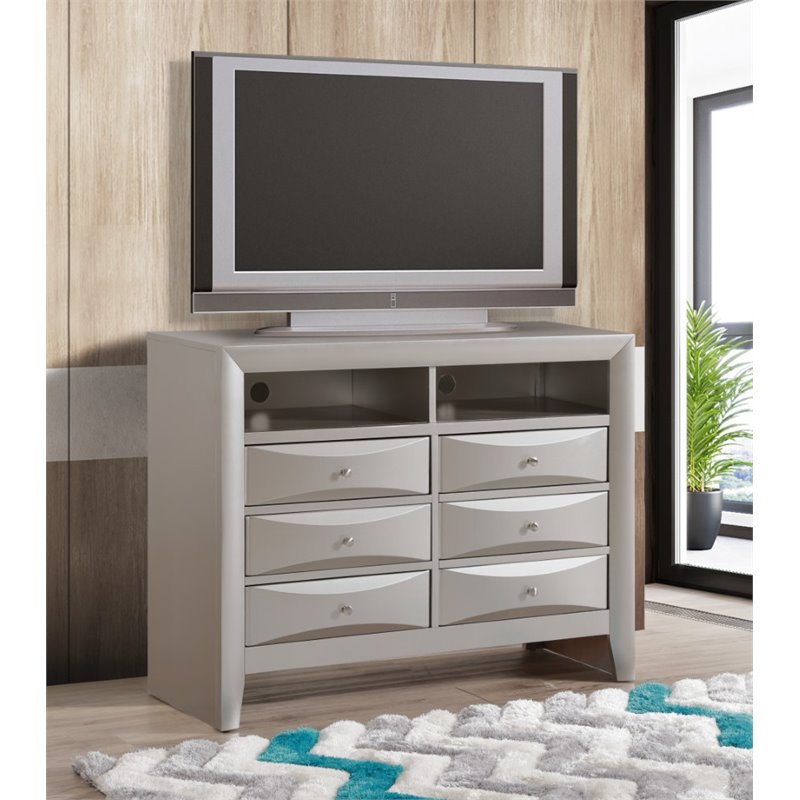 Pemberly Row Wood Veneer 6-Drawer TV Stand in Silver Champagne