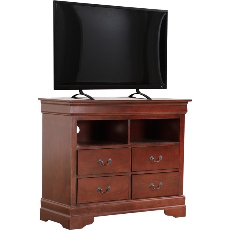 Pemberly Row Contemporary Wood  TV Stand in Cherry with Dovetailed Drawers