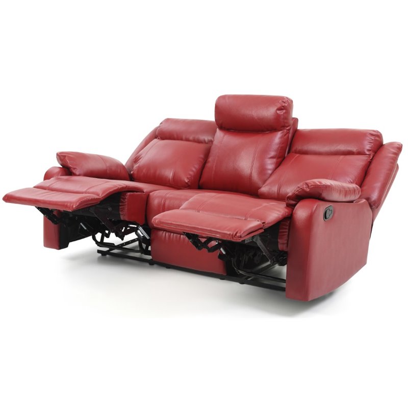 Pemberly Row Modern Faux Leather Double Reclining Sofa in Red
