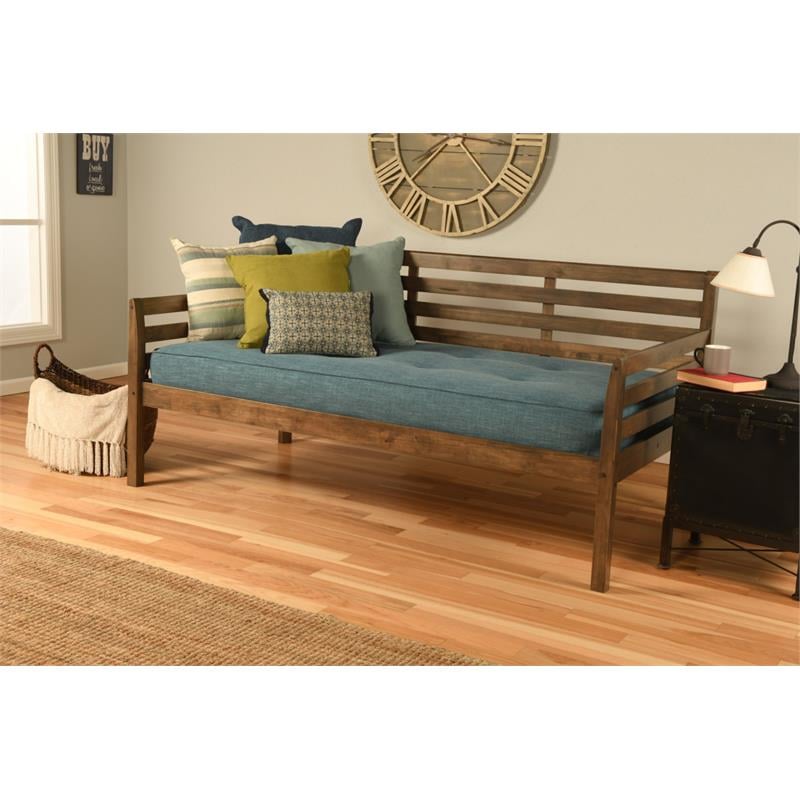 Pemberly Row Wood Daybed in Walnut Brown with Linen Aqua Mattress