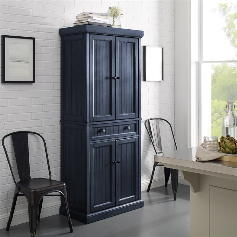 Pemberly Row Coastal Wood / Metal Pantry in Distressed Navy and Black