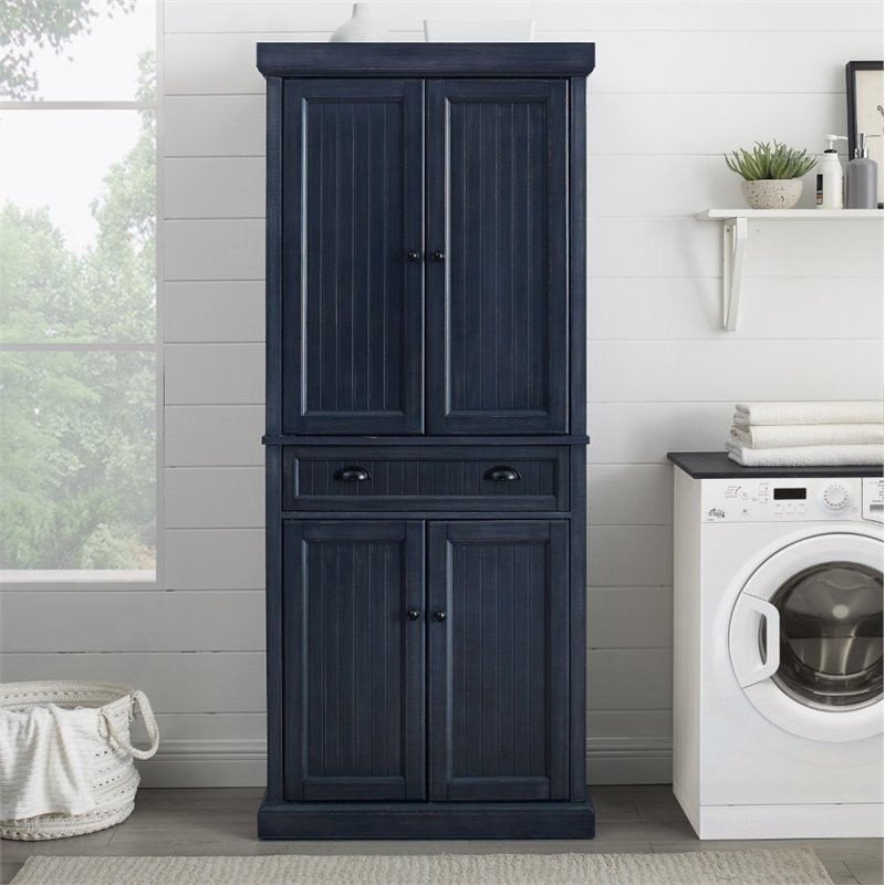 Pemberly Row Coastal Wood / Metal Pantry in Distressed Navy and Black