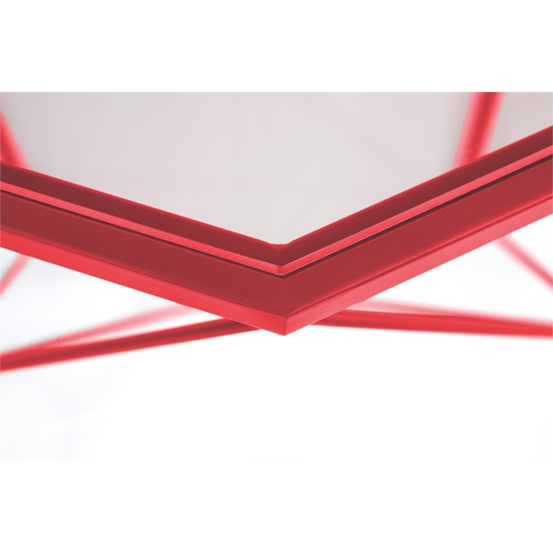 Pemberly Row Large Modern Octagon Glass Top Metal Red Base Coffee Table