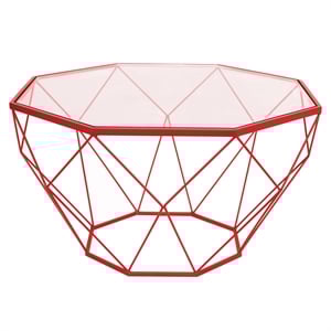 Pemberly Row Large Modern Octagon Glass Top Metal Red Base Coffee Table
