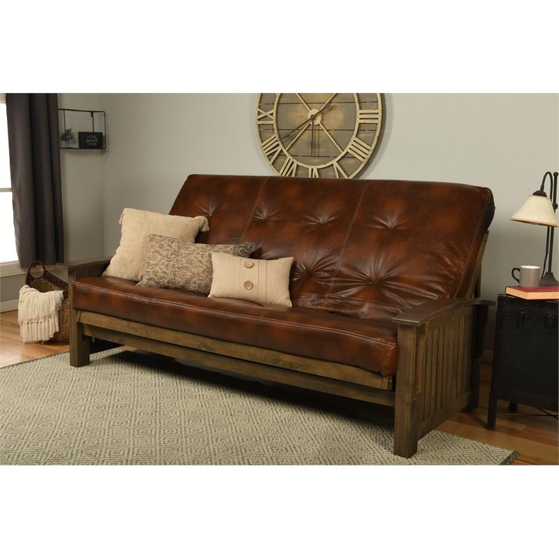 Pemberly Row Queen-size Wood Futon with Saddle Brown Mattress