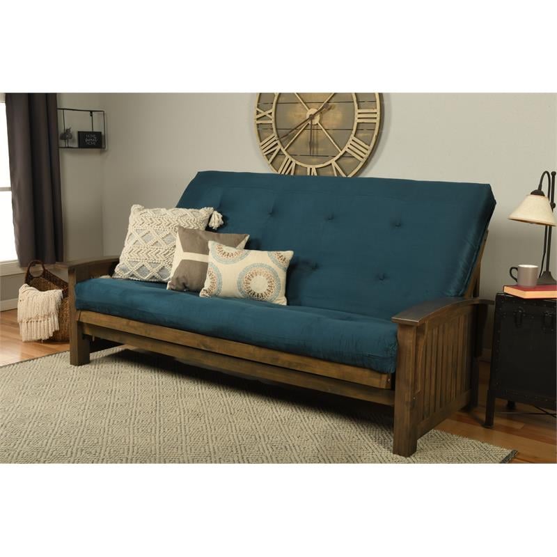 Pemberly Row Modern Queen-size Wood Futon with Suede Blue Mattress