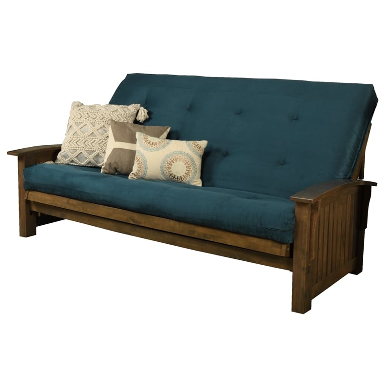 Pemberly Row Modern Queen-size Wood Futon with Suede Blue Mattress