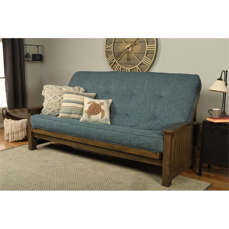 Pemberly Row Queen-size Wood Futon with Linen Aqua Blue Mattress