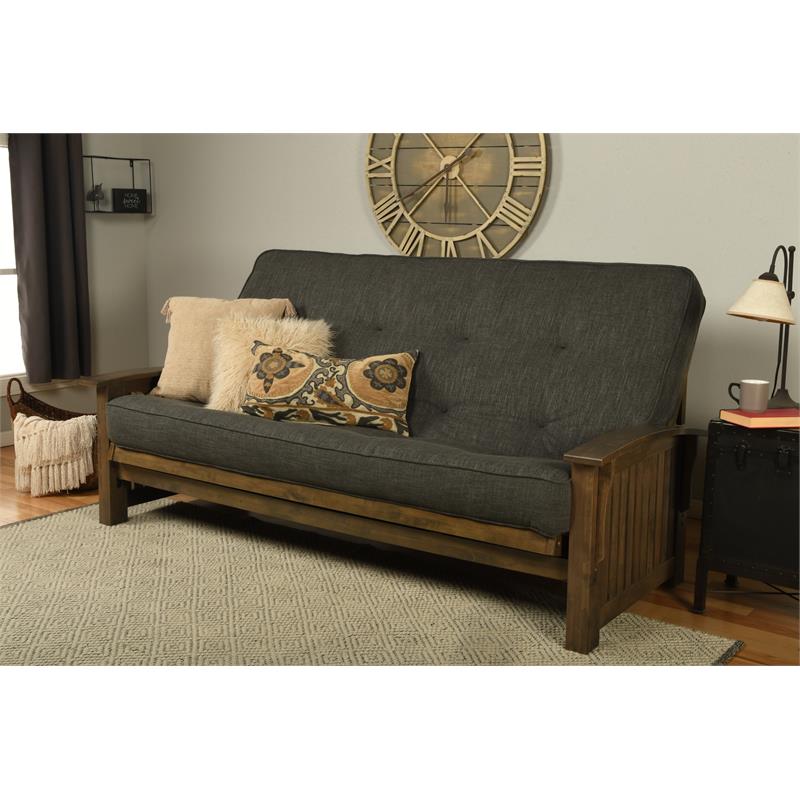 Pemberly Row Queen-size Wood Futon- Linen Charcoal Gray Mattress