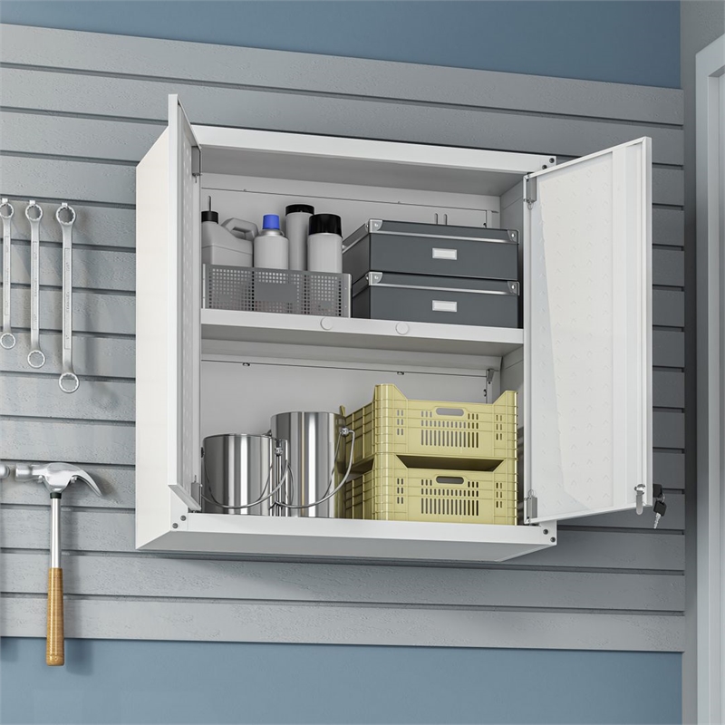 Pemberly Row Contemporary Metal Floating Garage Cabinet in White