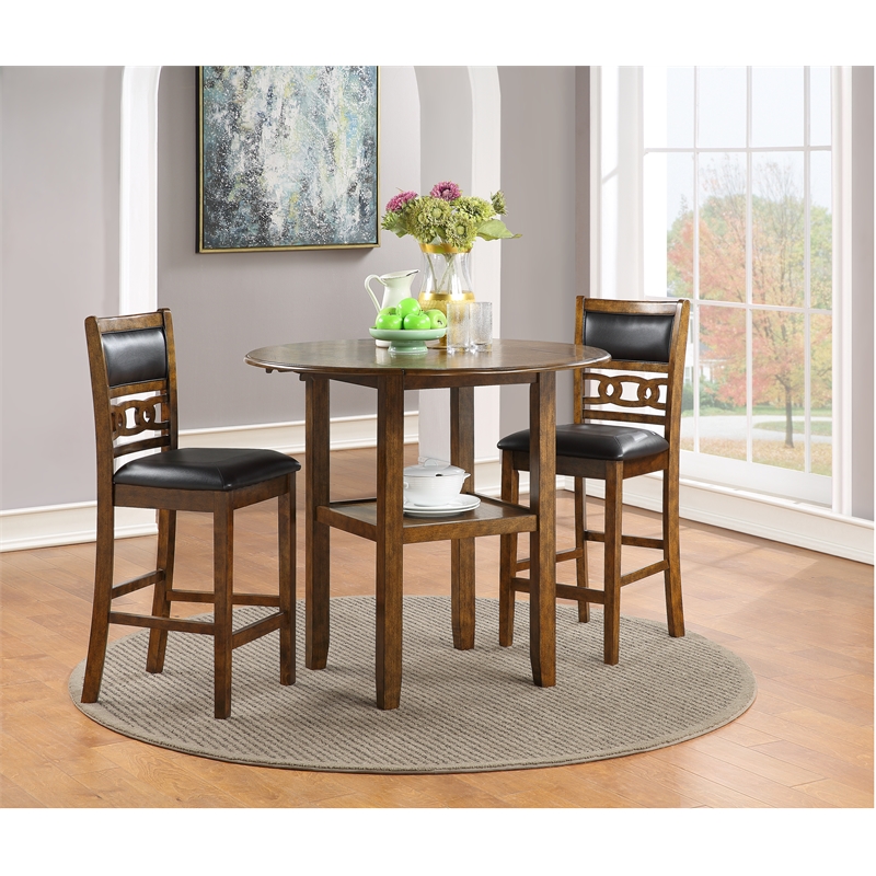 Pemberly Row Solid Wood Counter Drop Leaf Table W / 2 Chairs in Brown
