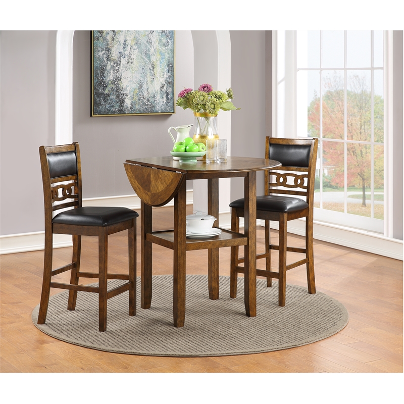 Pemberly Row Solid Wood Counter Drop Leaf Table W / 2 Chairs in Brown