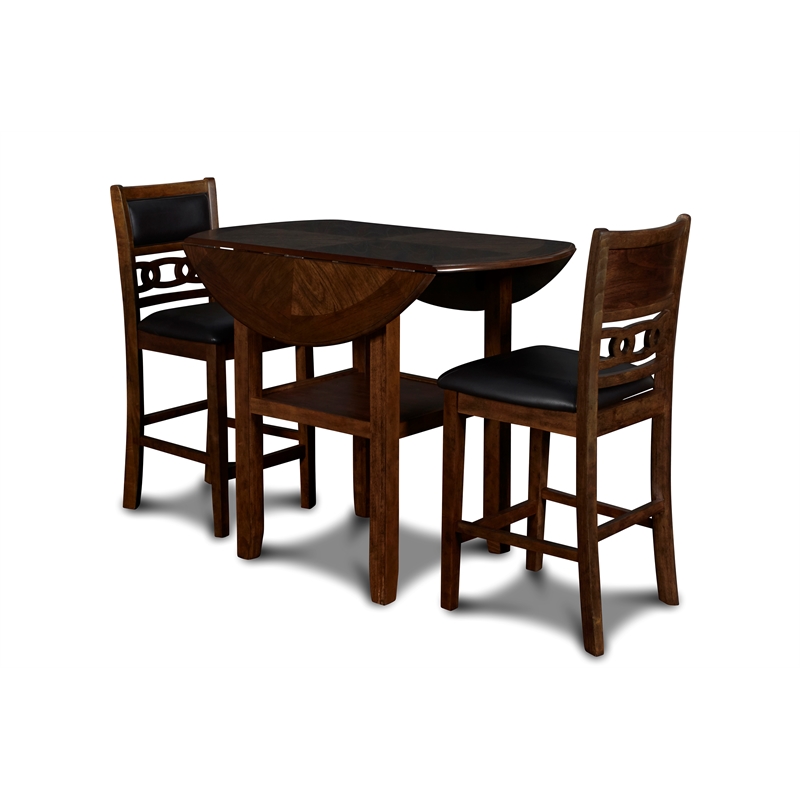 Pemberly Row Solid Wood Counter Drop Leaf Table W / 2 Chairs in Brown