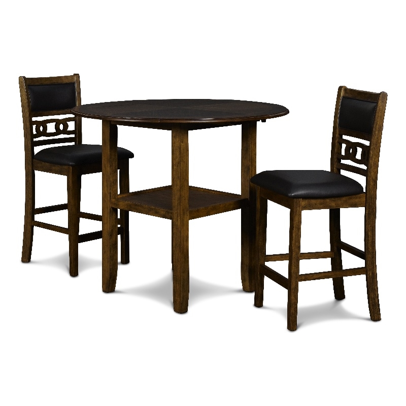 Pemberly Row Solid Wood Counter Drop Leaf Table W / 2 Chairs in Brown