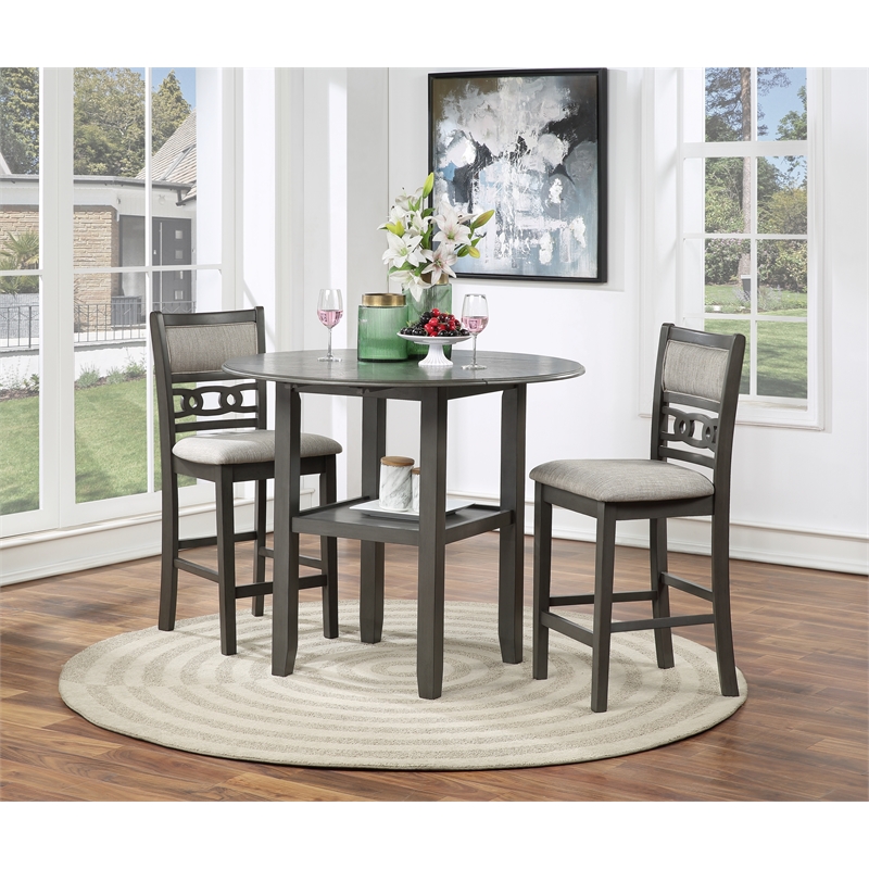 Pemberly Row Solid Wood Counter Drop Leaf Table W / 2 Chairs in Gray