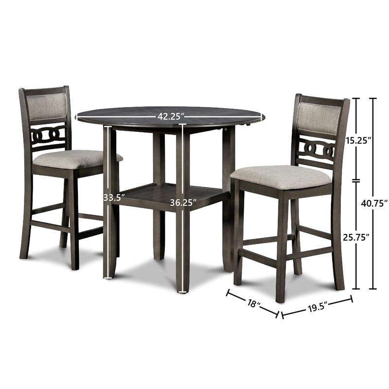 Pemberly Row Solid Wood Counter Drop Leaf Table W / 2 Chairs in Gray