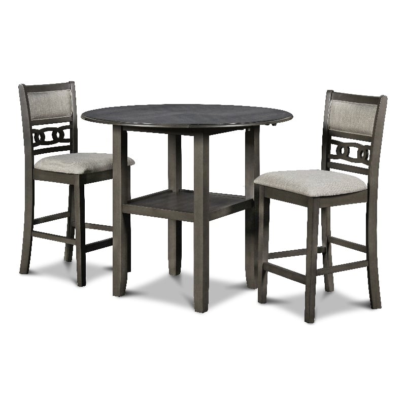 Pemberly Row Solid Wood Counter Drop Leaf Table W / 2 Chairs in Gray