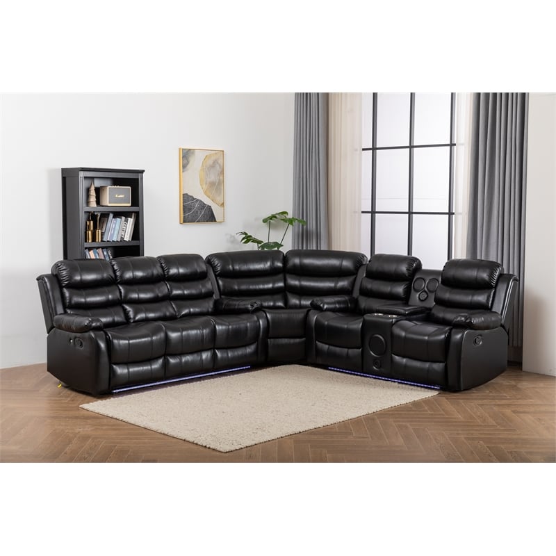 Pemberly Row Modern LED Faux Leather Reclining Sectional in Black