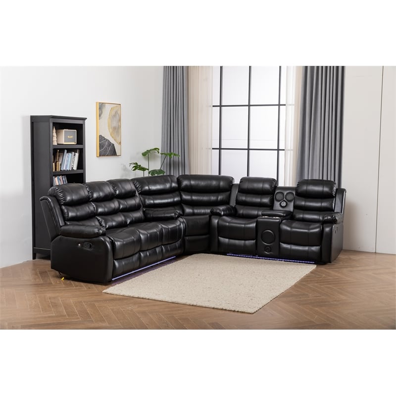 Pemberly Row Modern LED Faux Leather Reclining Sectional in Black