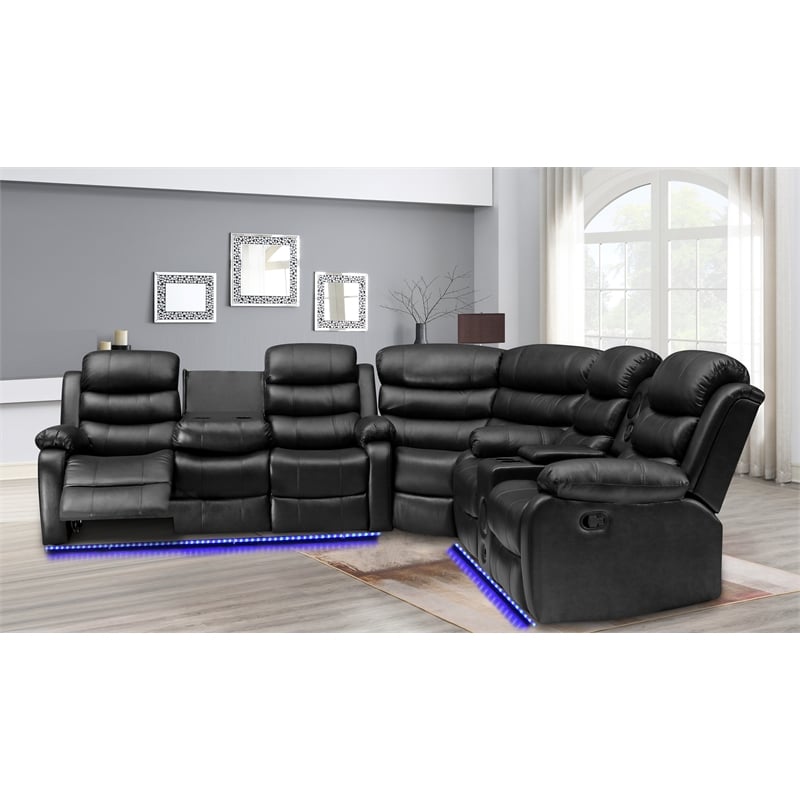Pemberly Row Modern LED Faux Leather Reclining Sectional in Black