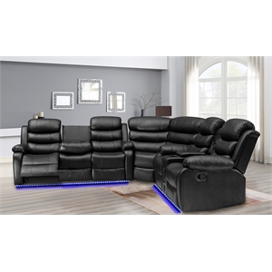 Pemberly Row Modern LED Faux Leather Reclining Sectional in Black