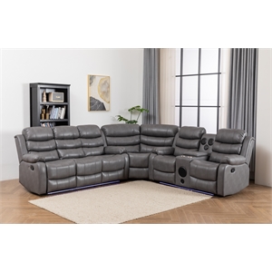 Pemberly Row Modern LED Faux Leather Reclining Sectional in Gray