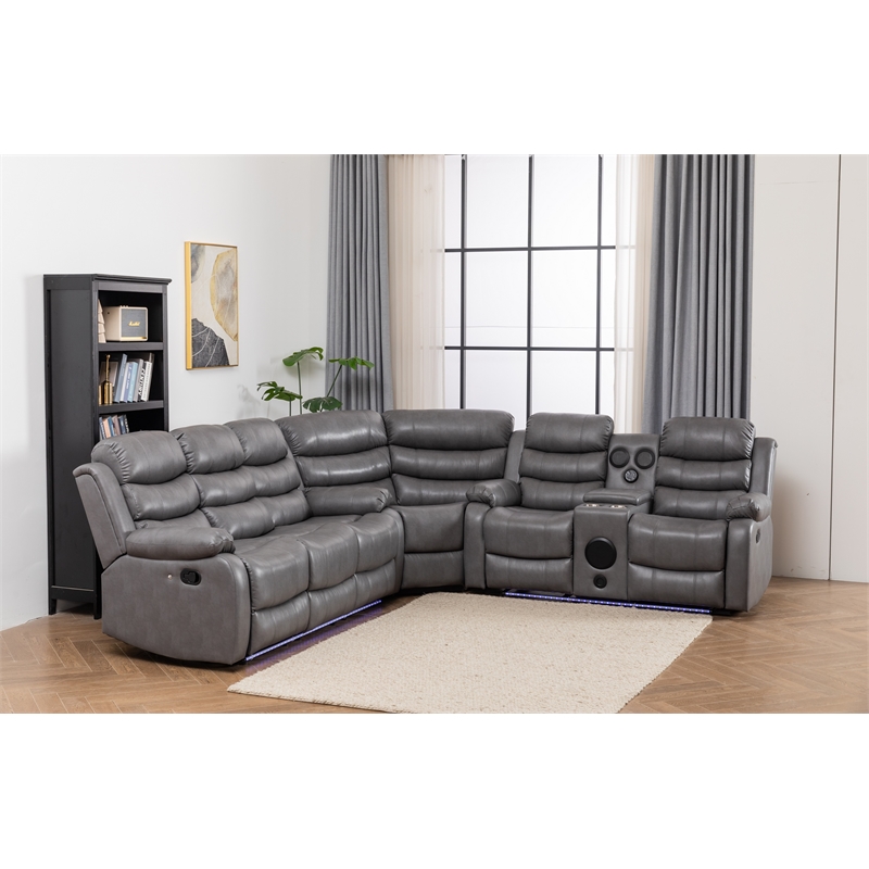 Pemberly Row Modern LED Faux Leather Reclining Sectional in Gray