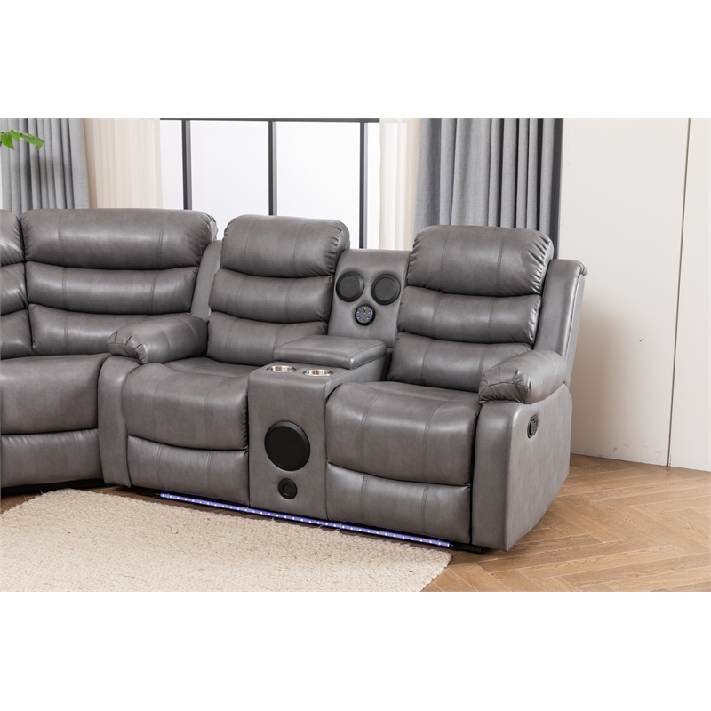 Pemberly Row Modern LED Faux Leather Reclining Sectional in Gray