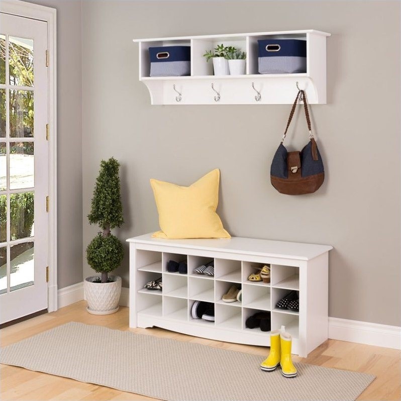 Pemberly Row Contemporary 18 Cubby Shoe Storage Bench in White