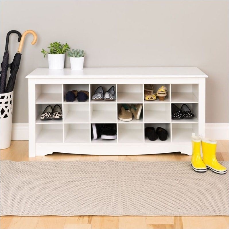 Pemberly Row Contemporary 18 Cubby Shoe Storage Bench in White