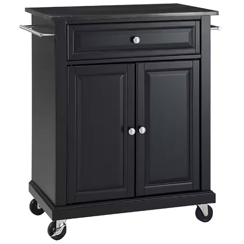 Pemberly Row Solid Granite / Wood Portable Kitchen Cart in Black