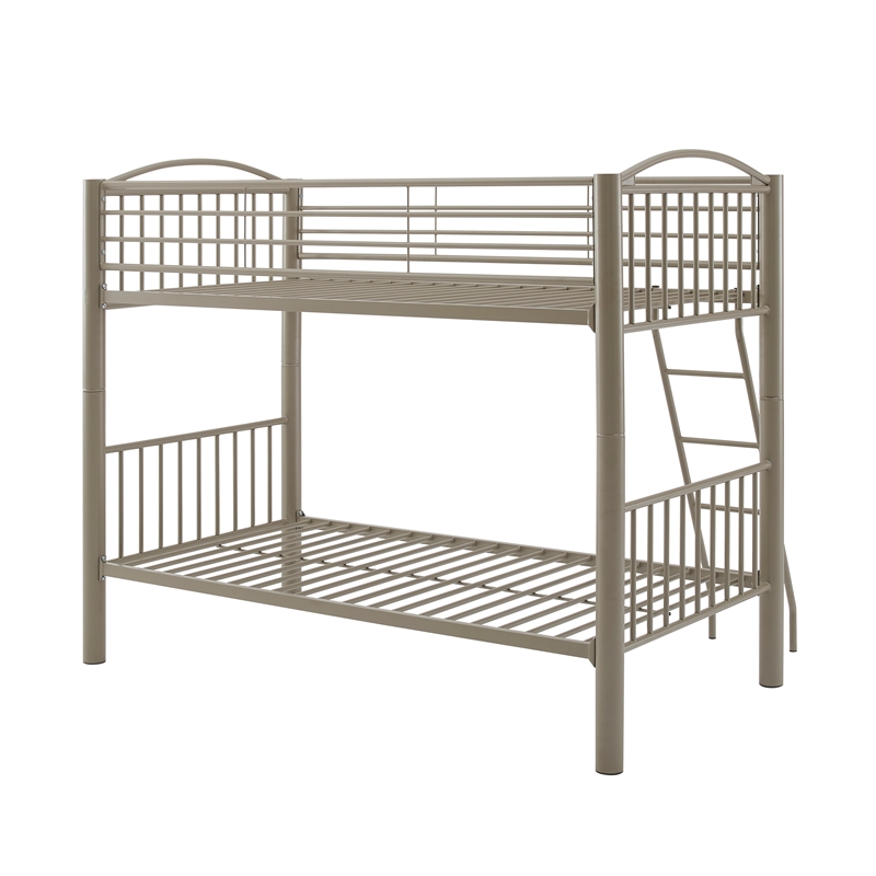 Pemberly Row Twin Over Twin Bunk Bed Attached Ladder in Pewter Finish