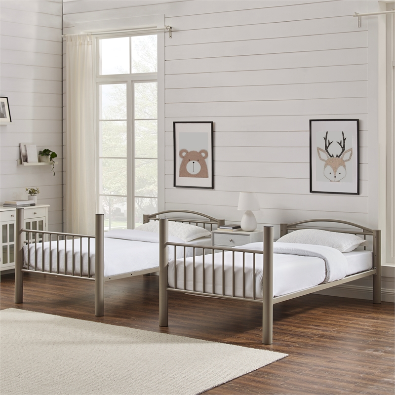 Pemberly Row Twin Over Twin Bunk Bed Attached Ladder in Pewter Finish