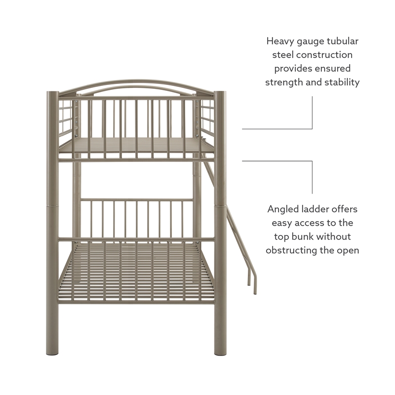 Pemberly Row Twin Over Twin Bunk Bed Attached Ladder in Pewter Finish
