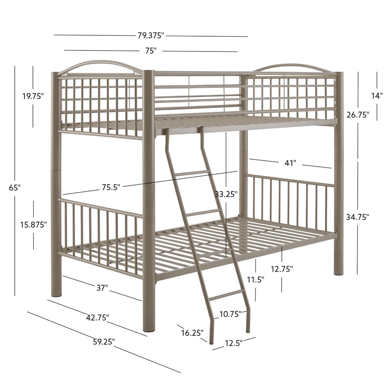 Pemberly Row Twin Over Twin Bunk Bed Attached Ladder in Pewter Finish