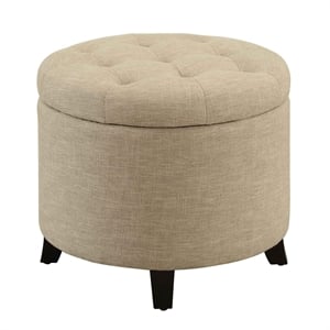 Pemberly Row Round Ottoman in Off White Tan Upholstery with Wood Legs